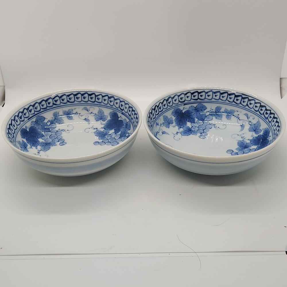 Vintage Japanese Arita Blue White Porcelain Rice Bowl Grape Vine Design Set of 2